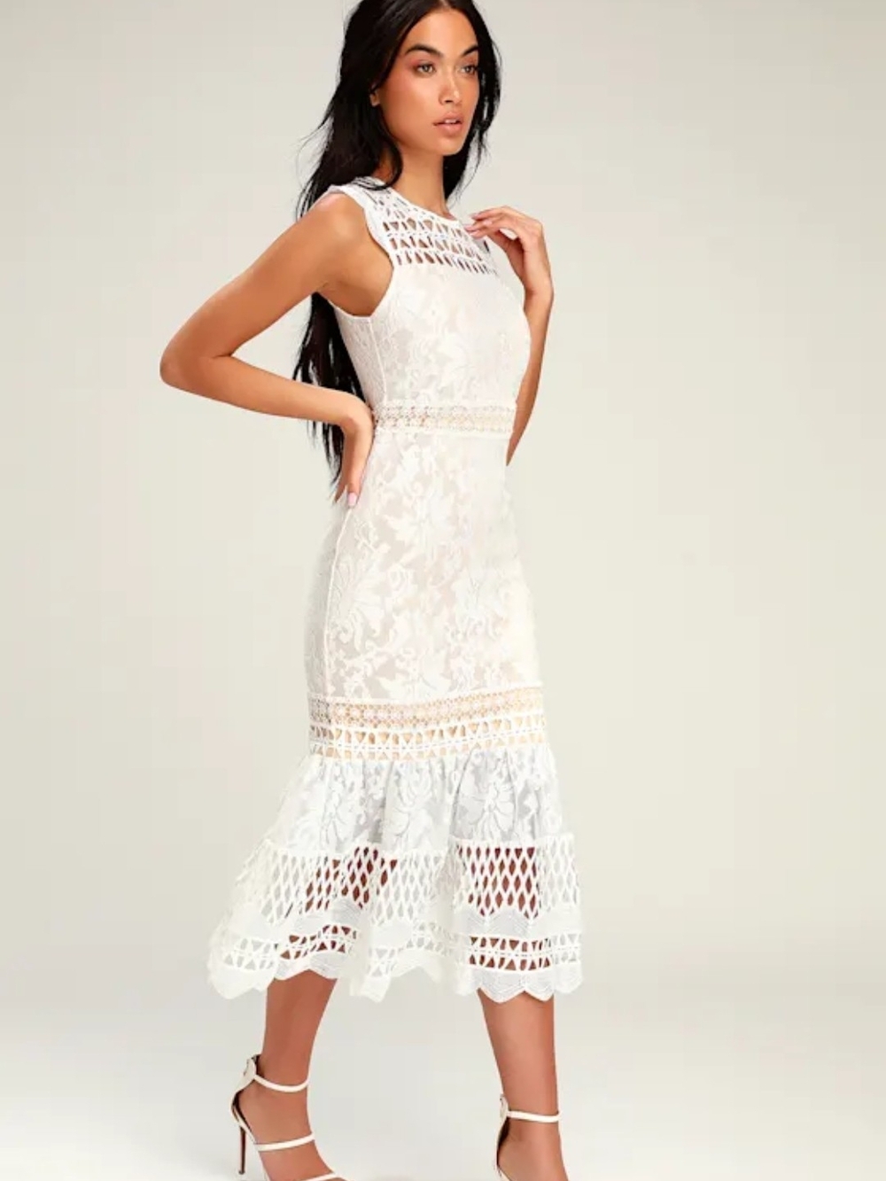 Lulus White Lace Midi Dress — Elegant Sleeveless Cocktail Dress